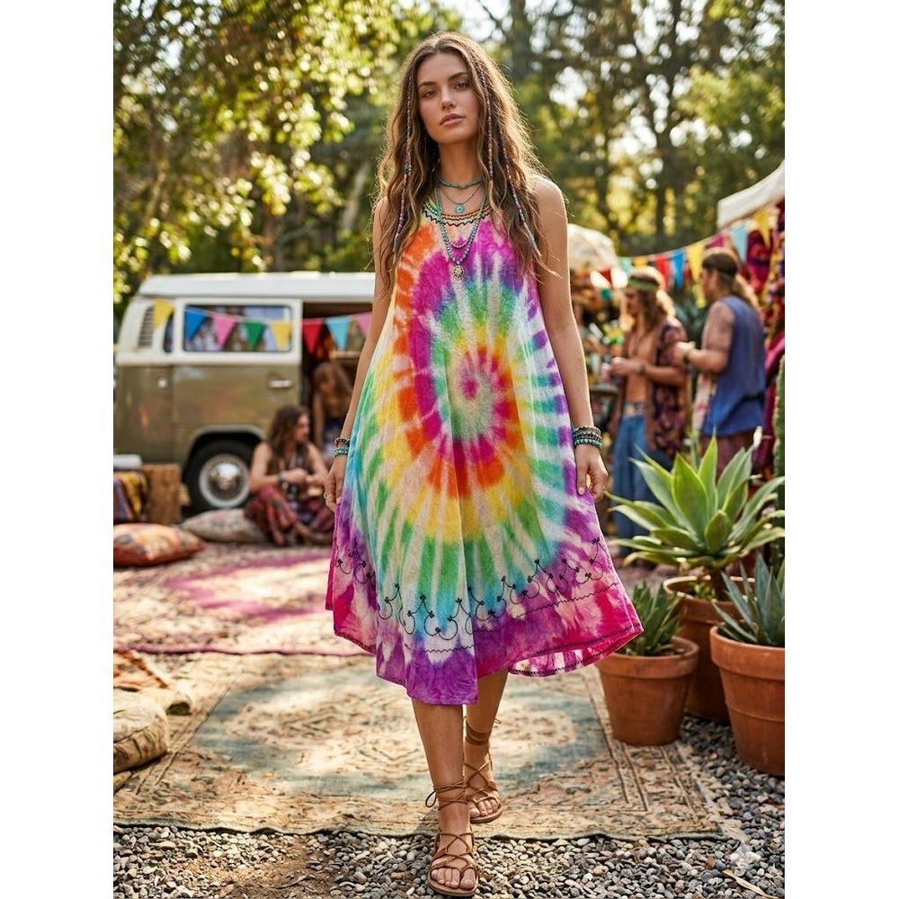 Rima Beachworld Rainbow Tie Dye Embroidered Handkerchief Dress OS Boho Hippie
